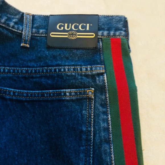 🇮🇹New Gucci Green Red Side Stripe Straight Leg Blue Jeans🇮🇹 - Picture 15 of 16